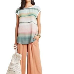 Anthropologie Tuscany Boatneck Blouse Pink Watercolor Tee Blouse XS
